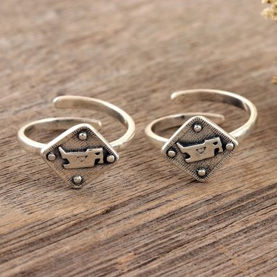 Alternate image for Sterling Silver Bird-Motif Toes Rings from India Pair Bird Bath