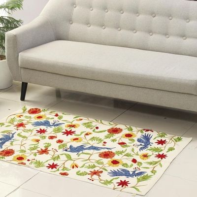 Alternate image for Bird and Floral pattern Wool Area Rug from India 3x5 Natures Magnificence