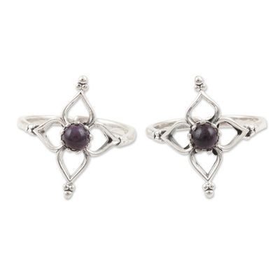 Alternate image for Handmade Amethyst and Sterling Silver Toe Rings Pair Violet Flower