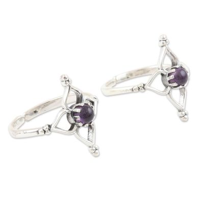 Alternate image for Handmade Amethyst and Sterling Silver Toe Rings Pair Violet Flower