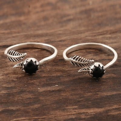Alternate image for Black Onyx and Sterling Silver Toes Rings Pair Midnight Feathers