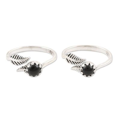 Alternate image for Black Onyx and Sterling Silver Toes Rings Pair Midnight Feathers