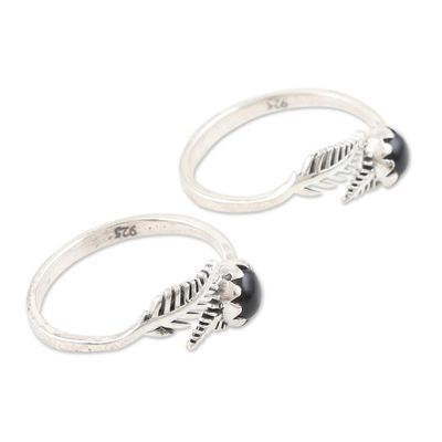 Alternate image for Black Onyx and Sterling Silver Toes Rings Pair Midnight Feathers