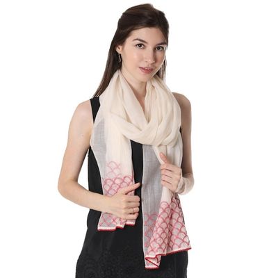 Alternate image for Cotton and Silk Blend Indian Shawl in Natural and Strawberry Strawberry Picnic