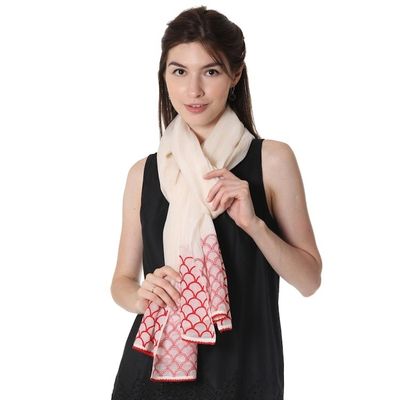 Alternate image for Cotton and Silk Blend Indian Shawl in Natural and Strawberry Strawberry Picnic