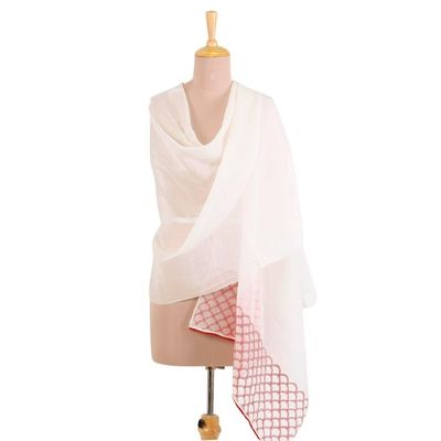 Alternate image for Cotton and Silk Blend Indian Shawl in Natural and Strawberry Strawberry Picnic