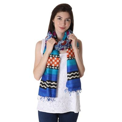 Alternate image for Block Printed Floral Motif Fringed Silk Shawl from India Floral Vine