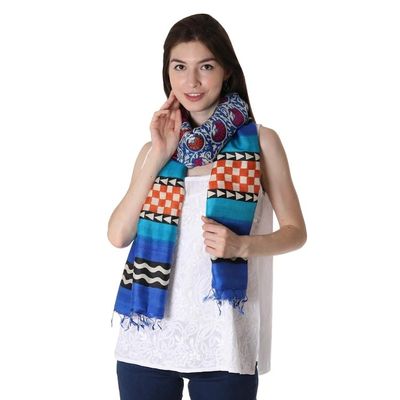 Alternate image for Block Printed Floral Motif Fringed Silk Shawl from India Floral Vine