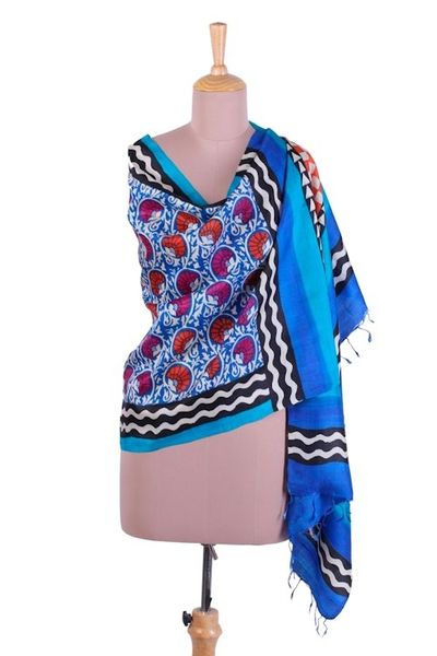 Alternate image for Block Printed Floral Motif Fringed Silk Shawl from India Floral Vine