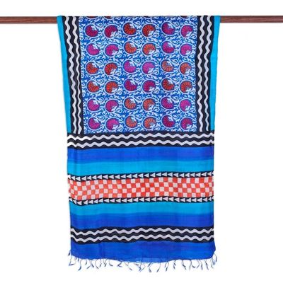 Alternate image for Block Printed Floral Motif Fringed Silk Shawl from India Floral Vine