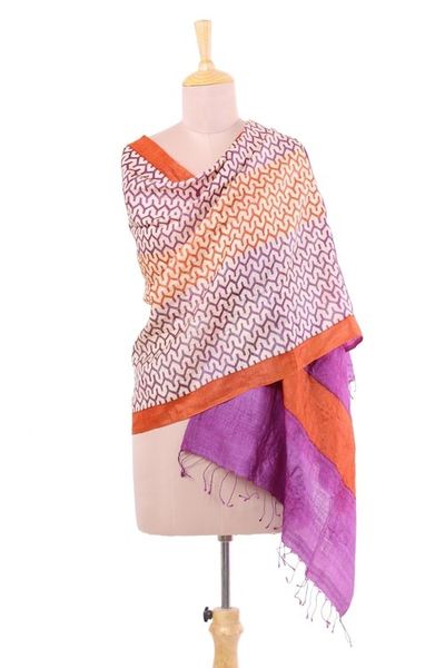 Alternate image for 100 Indian Tussar Silk Shawl with Lavender Ginger Geometry Magical Beehives