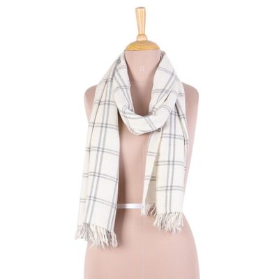 Alternate image for Hand Woven Eggshell Wool Blend Checkered Scarf from India Himalayan Journey