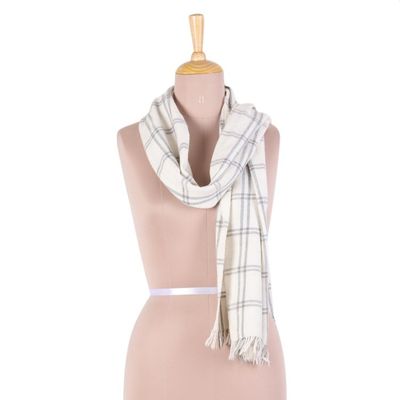 Alternate image for Hand Woven Eggshell Wool Blend Checkered Scarf from India Himalayan Journey