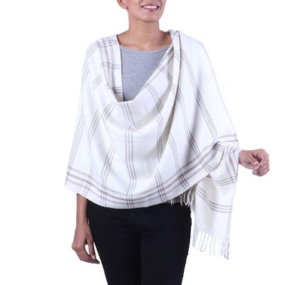 Alternate image for Hand Woven Ivory Wool Blend Striped Shawl from India Himalayan Beauty