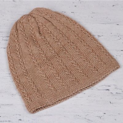 Alternate image for Hand-Knit Ecru Wool Blend Vertical Knots Hat from India Knotted Beauty Ecru