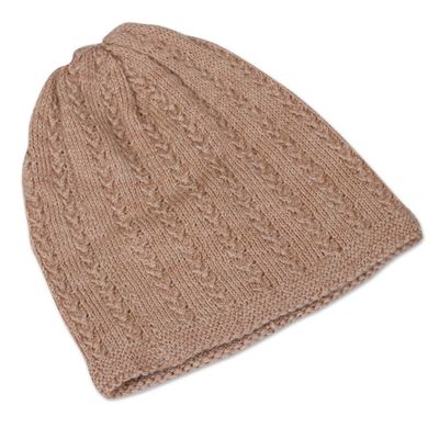 Alternate image for Hand-Knit Ecru Wool Blend Vertical Knots Hat from India Knotted Beauty Ecru