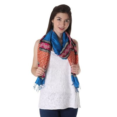 Alternate image for Block Printed Silk Shawl in Caribbean Blue from India Caribbean Blue Dazzle