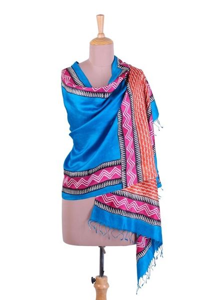 Alternate image for Block Printed Silk Shawl in Caribbean Blue from India Caribbean Blue Dazzle