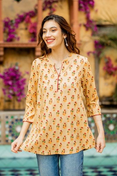 Alternate image for Floral Rayon Tunic in Beige from India Beige Blossoms