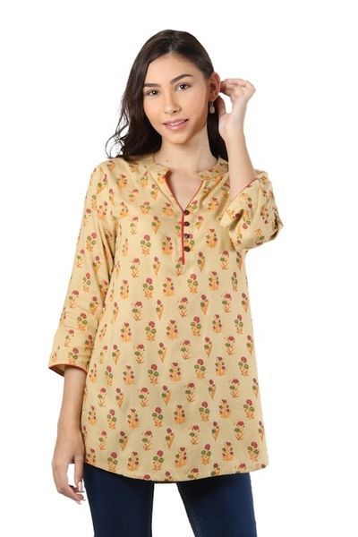 Alternate image for Floral Rayon Tunic in Beige from India Beige Blossoms
