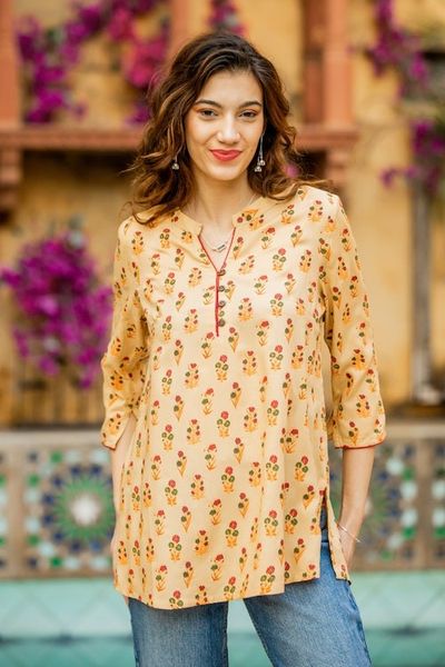 Alternate image for Floral Rayon Tunic in Beige from India Beige Blossoms