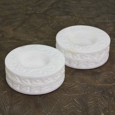 Alternate image for Round White Marble Tealight Holder with Engraved Vine Pair White Beauty