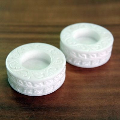 Alternate image for Round White Marble Tealight Holder with Engraved Vine Pair White Beauty