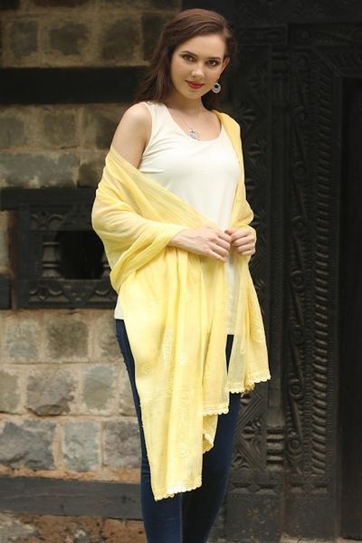 Alternate image for Paisley Shawl in Cotton and Silk Blend with Embroidery Yellow Paisley Dreams