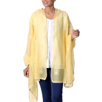 Alternate image for Paisley Shawl in Cotton and Silk Blend with Embroidery Yellow Paisley Dreams