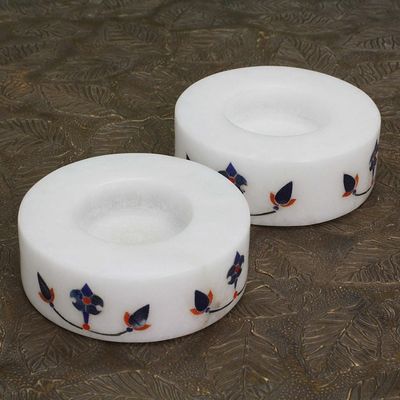 Alternate image for Round Marble Tealight Holder with Blue Blooming Buds Pair Floral Symmetry in Blue