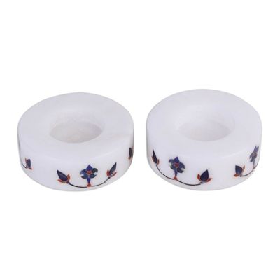 Alternate image for Round Marble Tealight Holder with Blue Blooming Buds Pair Floral Symmetry in Blue