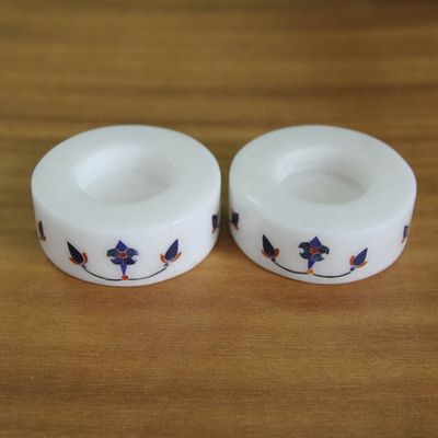 Alternate image for Round Marble Tealight Holder with Blue Blooming Buds Pair Floral Symmetry in Blue