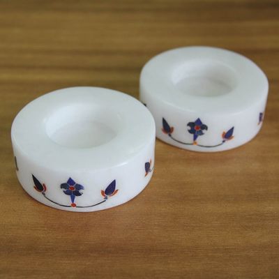 Alternate image for Round Marble Tealight Holder with Blue Blooming Buds Pair Floral Symmetry in Blue