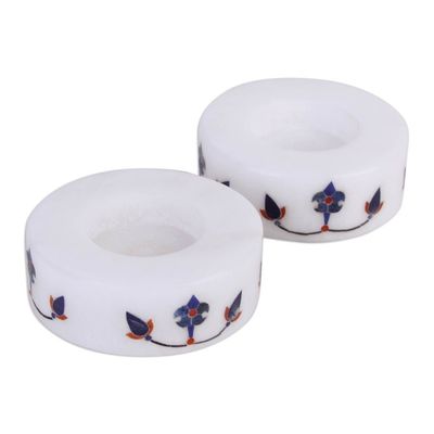 Alternate image for Round Marble Tealight Holder with Blue Blooming Buds Pair Floral Symmetry in Blue