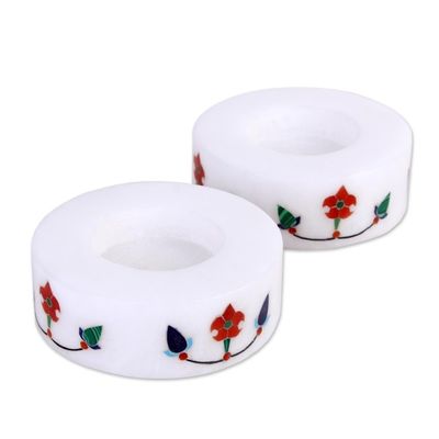 Alternate image for Pair of Marble Tealight Holders Handcrafted in India Floral Disc