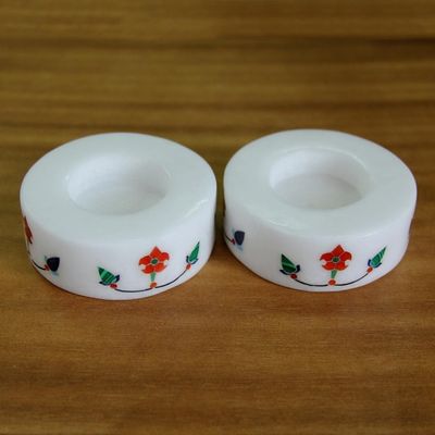 Alternate image for Pair of Marble Tealight Holders Handcrafted in India Floral Disc