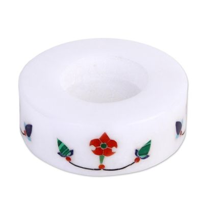 Alternate image for Pair of Marble Tealight Holders Handcrafted in India Floral Disc