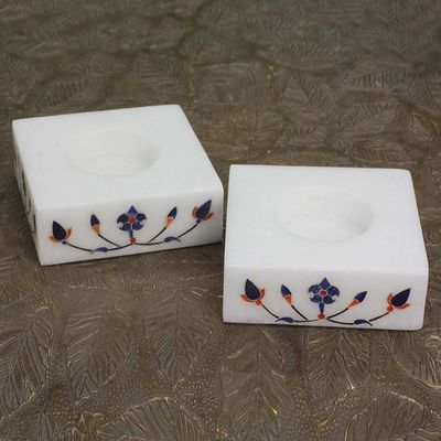 Alternate image for Square Marble Tealight Holder with Blue Blooming Buds Pair Blooming Buds in Blue