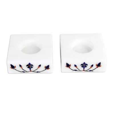 Alternate image for Square Marble Tealight Holder with Blue Blooming Buds Pair Blooming Buds in Blue