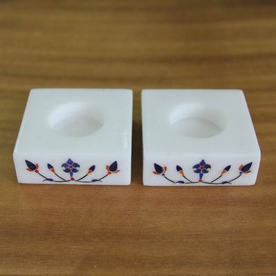 Alternate image for Square Marble Tealight Holder with Blue Blooming Buds Pair Blooming Buds in Blue