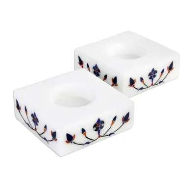 Alternate image for Square Marble Tealight Holder with Blue Blooming Buds Pair Blooming Buds in Blue