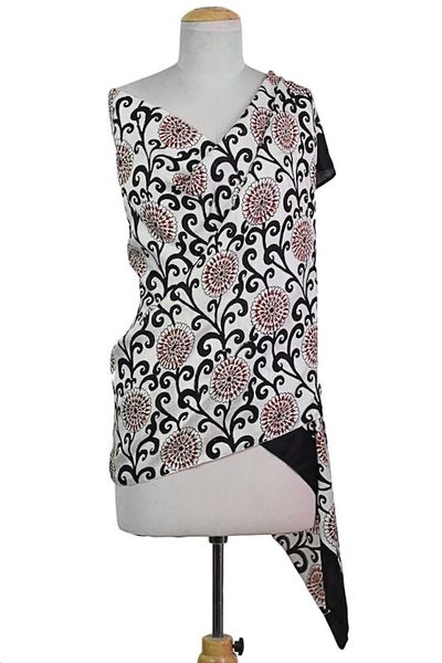 Alternate image for Hand Woven Printed Silk Shawl Floral Motifs from India Floral Vines in Black