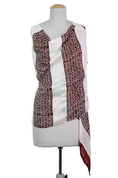 Alternate image for Hand Woven Ecru Cherry Silk Shawl from India Ancient Script in Cherry