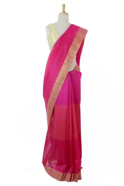 Image for Bright Pink Cotton and Silk Blend Sari with Golden Borders Fuchsia Charm