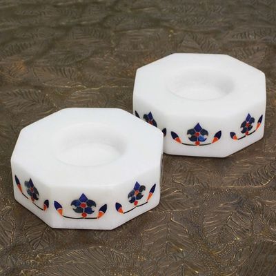 Alternate image for Octagon Marble Tealight Holders with Blue Buds Pair Floral Alliance in Blue