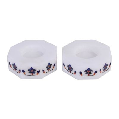 Alternate image for Octagon Marble Tealight Holders with Blue Buds Pair Floral Alliance in Blue