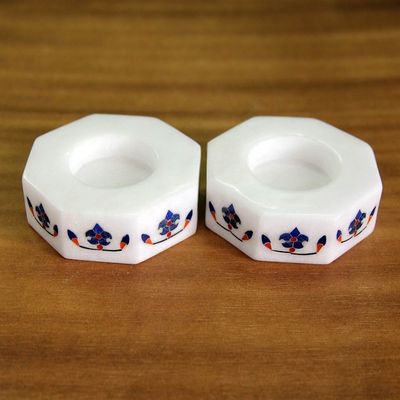 Alternate image for Octagon Marble Tealight Holders with Blue Buds Pair Floral Alliance in Blue