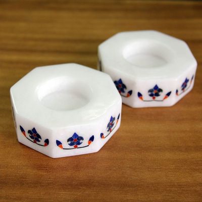 Alternate image for Octagon Marble Tealight Holders with Blue Buds Pair Floral Alliance in Blue