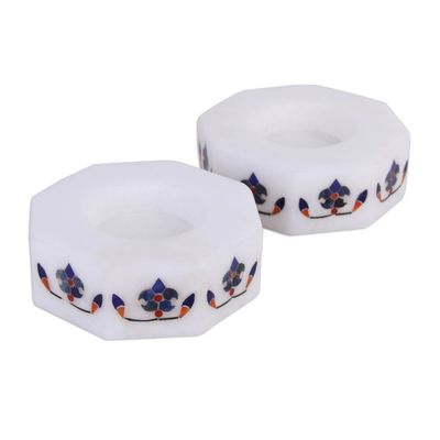 Alternate image for Octagon Marble Tealight Holders with Blue Buds Pair Floral Alliance in Blue