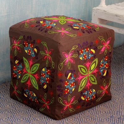 Alternate image for Multi Color Embroidered Cotton Ottoman Cover Elephant Blooms